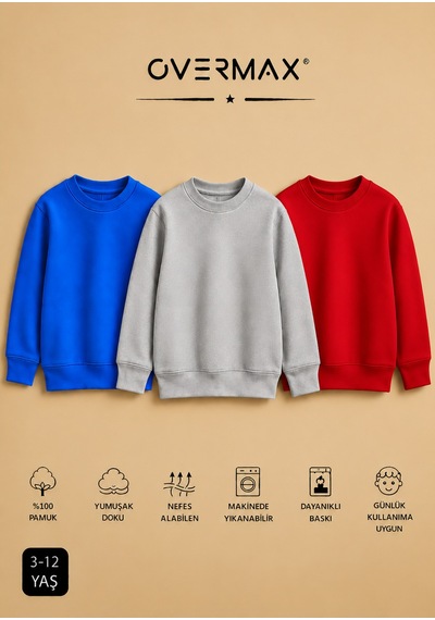 Overmax 3 Lü Çocuk Kapüşonsuz Sweatshirt Seti 3-12 Yaş Saks Mavi-gri-kırmızı - 920220367 Saks Mavi-gri-kırmızı