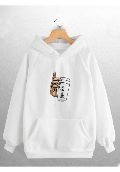 Macklin Unisex Kadın Erkek Bardak El Japon Yazı Baskılı Sweatshirt Beyaz Mck0800 Beyaz