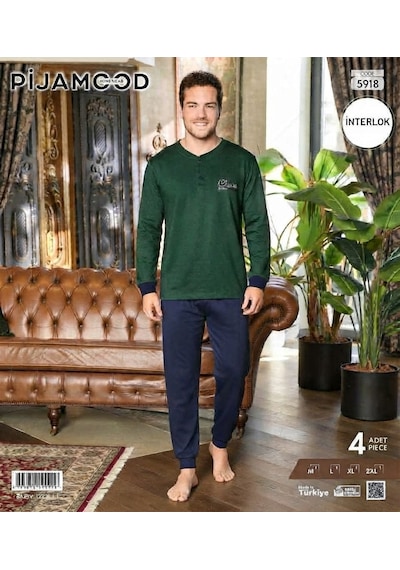Pijamood Erkek İnterlok Uzun Kollu Kışlık Penye Pijama Takımı 5912 Yeşil
