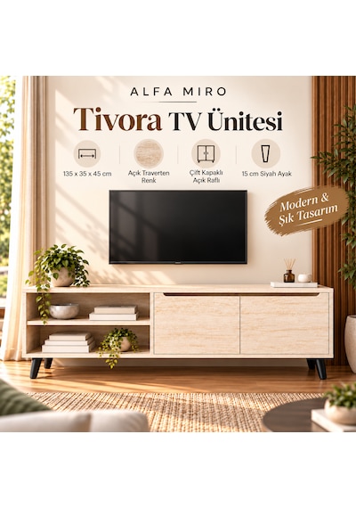 Tivora Modern Tv Ünitesi - Salon Tv Sehpası - Traverten 135 Cm