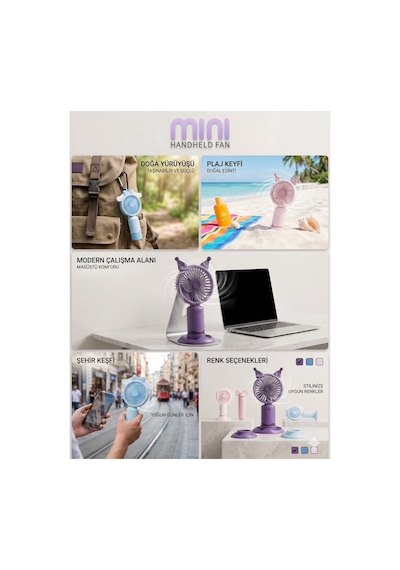 Mini El Fan Şarjlı Kulaklı Telefon Standlı Taşınabilir Mini Fan Sogutucu