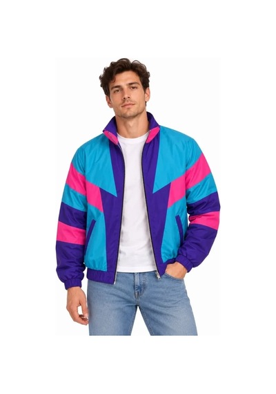 Veraura Lifestyle Erkek 80 Ler Retro Wintage Dijital Baskılı Fermuarlı Rüzgar Kesici Mevsimlik Ceket Çok Renkli
