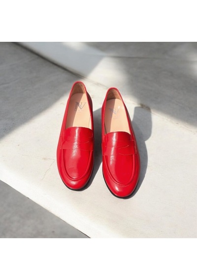 Ne&ve Shoes Kırmızı Hakiki Parlak Deri Kadın Loafer Ayakkabı