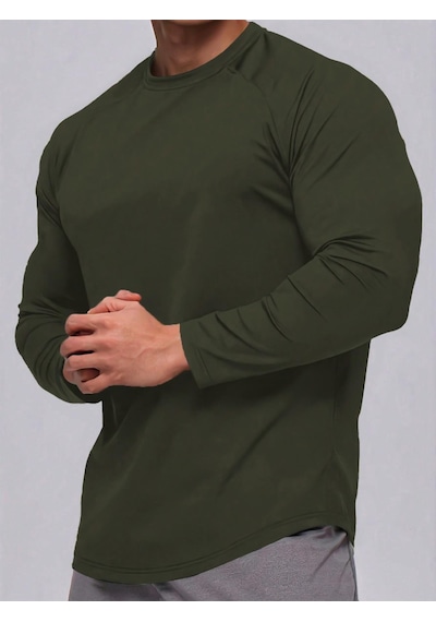 Ghassy Co. Erkek Running Sports Reglan Oval Kesim Uzun Kollu Pamuklu Penye T-shirt Haki