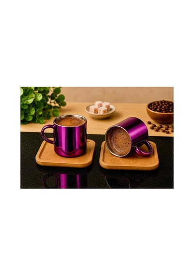 Aynalı Borosilikat Cam Türk Kahvesi Fincan Seti,mor,2x125ml Bambu Tabaklı, Isıya Dayanıklı Mor