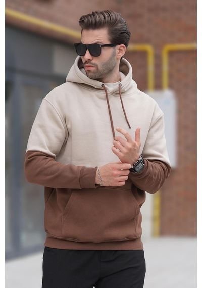 Madmext Bej Kapüşonlu Renk Bloklu Baskı Detaylı Erkek Sweatshirt 7046