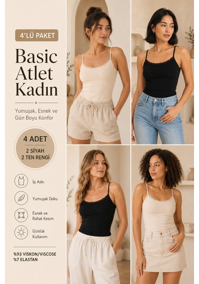 Loule Kadın 4'lü Dantel Detaylı İp Askılı Atlet 2 Si Yah-2 Ten Çok Renkli