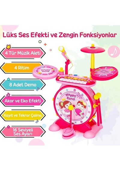 Bateri Seti Piyanolu Işıklı - Mikrofonlu, Tabureli Ve Mp3 Bağlantılı Çocuk Müzik Eğitim Seti