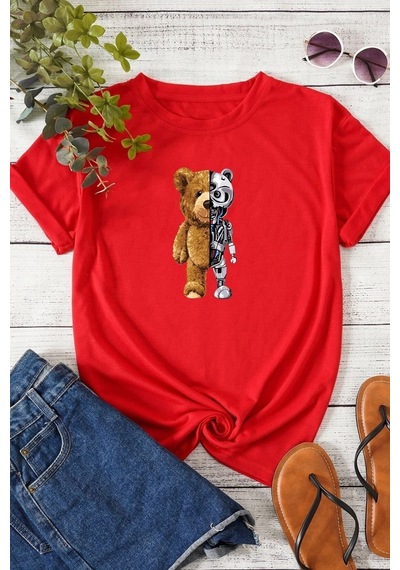Unisex Boys Bear Baskılı Tasarım Tshirt Kırmızı