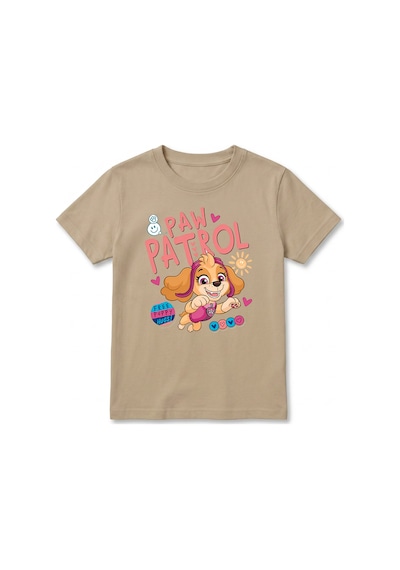 Urbantrendstore Paw Patrol Özel Tasarım Unisex Kız Çocuk Erkek Çocuk Bisiklet Yuvarlak Yaka Basic Kısa Kollu %100 Pamuk Tişört Bej