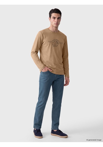 Lcwaıkıkı Classic Bej Bisiklet Yaka Baskılı Erkek Sweatshirt