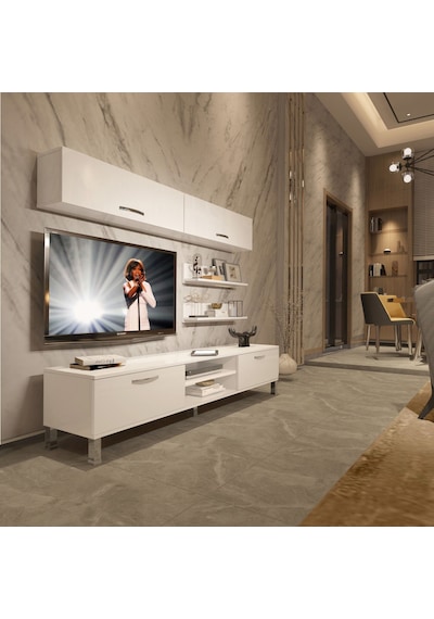 Decoraktiv Eko 5 Mdf Dvd Krom Ayaklı Tv Ünitesi Tv Sehpası Beyaz