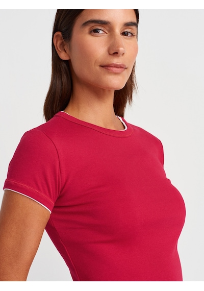 Dilvin 31750 Kontrast Kısa Kollu Tshirt-Koyu Kırmızı