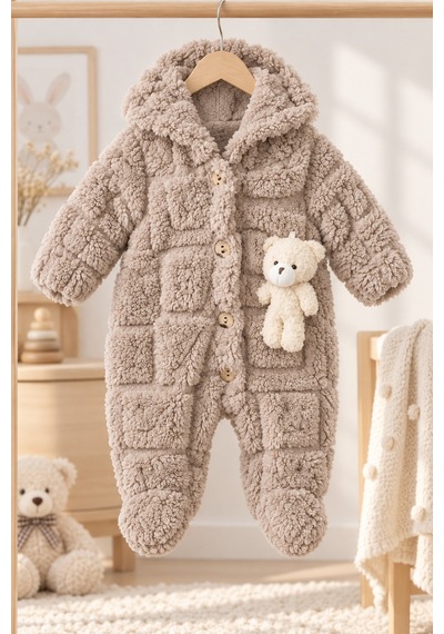Kız Erkek Bebek Tavşan Ve Ayı Oyuncaklı Peluş Tulum Tlm0301 Kahverengi