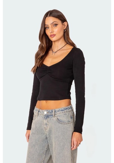 Seeh Siyah Önü Büzgülü Uzun Kollu Kadın Body Sh200