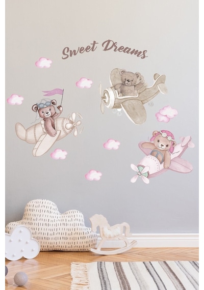 Pembe Kafadar Pilot Ayılar Duvar Sticker Seti