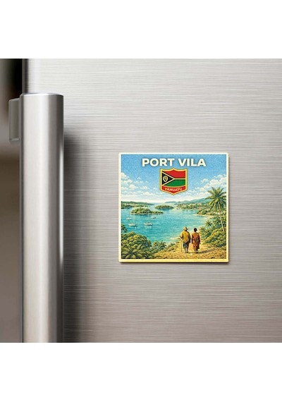 Retro Vanuatu Port Vila Şehri Temalı Vintage Buzdolap Magneti 9x9 Cm