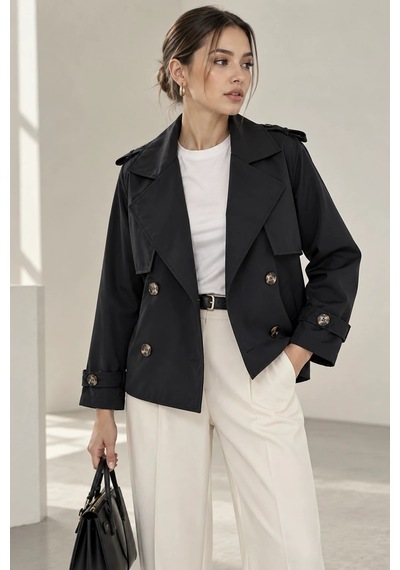 Bb Butik Basic Kısa Kruvaze Trençkot Düğme Detaylı Modern Kesim Qn3434 Siyah