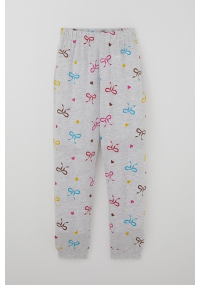 Paty Kıds Kız Çocuk Pijama Takımı Kısa Kollu Renkli Fiyonklu & Kalp Desenli 8-12 Yaş, Açık Gri Melanj