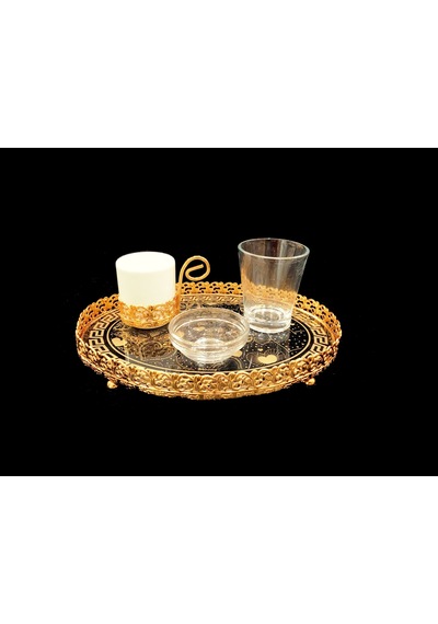 Oval Tepsili Tek Kişilik Lüks Altın Damat Kahve Fincan Takımı