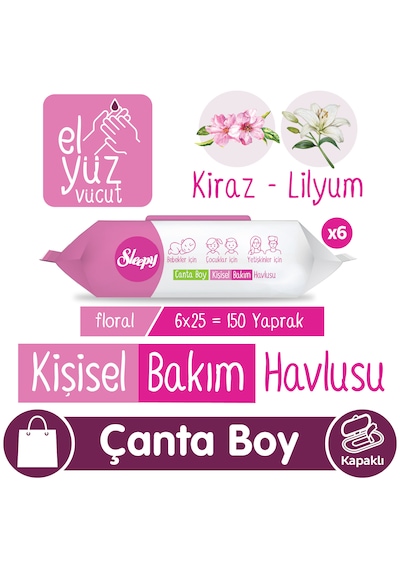 Sleepy Floral Kişisel Bakım Havlusu Çanta Boy 6x25 150 Yaprak 6 Paket