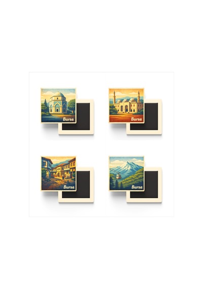 Bursa - 4'lü Memleket Seti - Baskılı Buzdolap Magneti Kare - 9x9 Cm - 4 Adet