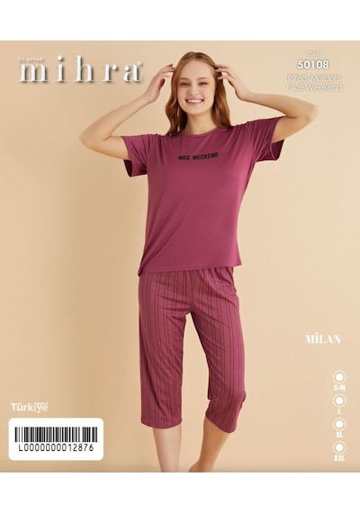 Mihra Kadın Bisiklet Yaka Milan Likralı Kapri Kısa Kol Pijama Takımı 50108m - 1 Adet Mürdüm Mihra Kadın Bisiklet Yaka Milan Likralı Kapri Kısa Kol Pijama Takımı 50108m - 1 Adet Mürdüm