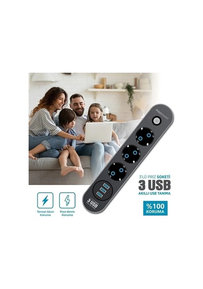 Akım Korumalı Isıya Dayanaklı 3x Grup Priz Ve 3x Usb Şarj Çıkışı 2 M