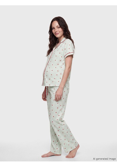 Lcw Dream Ekru Gömlek Yaka Çilek Baskılı Hamile Pijama Takımı