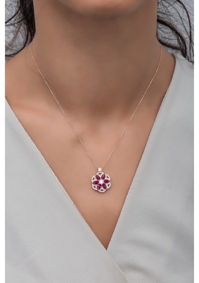 925 Ayar Gümüş Desenli Kırmızı Taşlı Lotus Çiçeği Kolye Rose Gold
