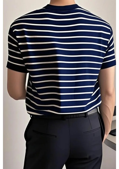 Tarz Cool Erkek Kısa Kollu Fitilli Akrilik-pamuk Karışımlı Triko T-shirt Lacivert
