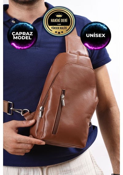 Unisex Taba Hakiki Deri Çapraz Badybag Omuz Ve Göğüs Çantası Usb Çıkışlı Taba