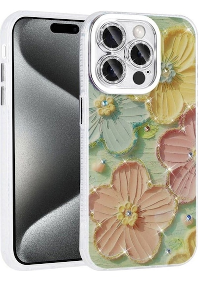Apple Uyumlu iPhone 15 Pro Kılıf Çiçek Desenli Parlak Taşlı Sert Silikon Zore Garden Kapak Colorful