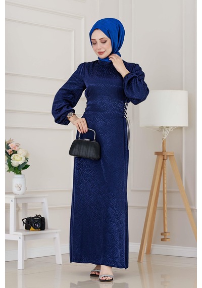 Buse Yanı Bağcıklı Saten Abiye-lacivert-4998