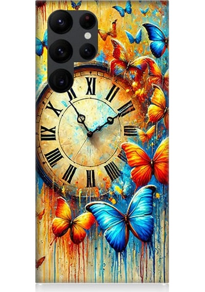 Samsung Galaxy S22 Ultra Uyumlu Saat Ve Kelebek Zamanı Desenli Silikon Kılıf Çok Renkli