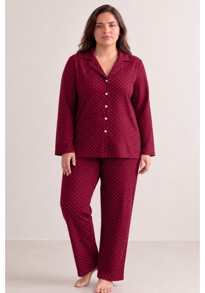 Kadın Rahat Puantiyeli Düğmeli Kırmızı Pijama Takımı 824