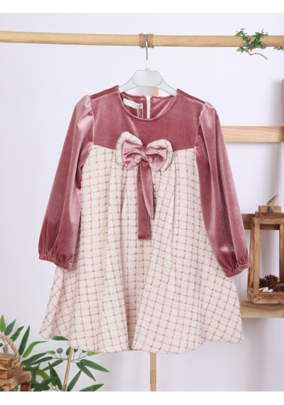 Xo Kids Kız Çocuk Fiyonk Detaylı Kadife Ve Ekoseli Kız Çocuk Elbise 3-7 Yaş 4414 Gülkurusu