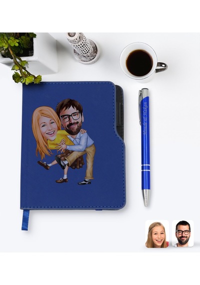 Kişiye Özel Sevgililer Karikatürlü Lacivert Termo Deri Defter Kal N11.2283 Lacivert