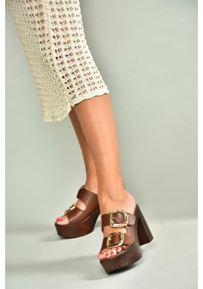Fox Shoes U820376609 Kahverengi Kalın Topuklu Kadın Terlik Kahverengi-suni Deri