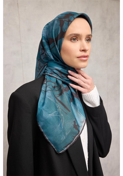Silk Home Pamuk Polyester Soft Eşarp Yaprak Desen Açık Petrol Mavisi 90x90 Çok Renkli