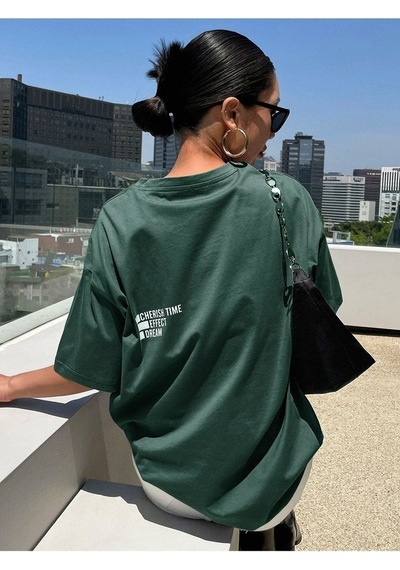 Cheerish Effect T-shirt - Yeşil Oversize Baskılı Bisiklet Yaka Yeşil
