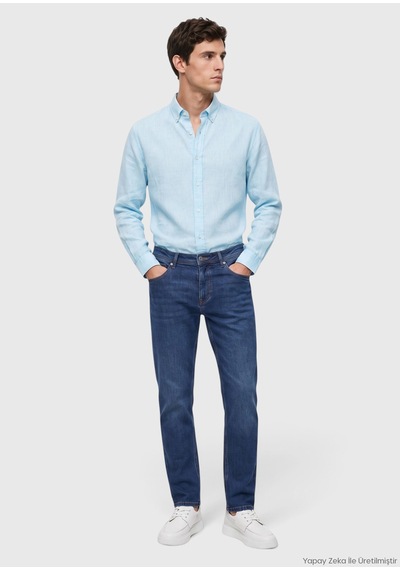 Ramsey Mint Düz Casual Fit Uzun Dokuma Casual %100 Keten Gömlek