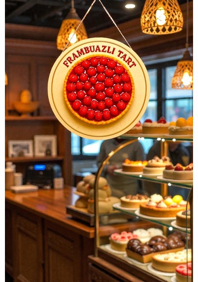 Frambuazlı Tart Temalı İpli Ahşap Kapı Duvar Süsü, Pastane, Tatlı Dükkanı, Cafe Tablo Dekoru
