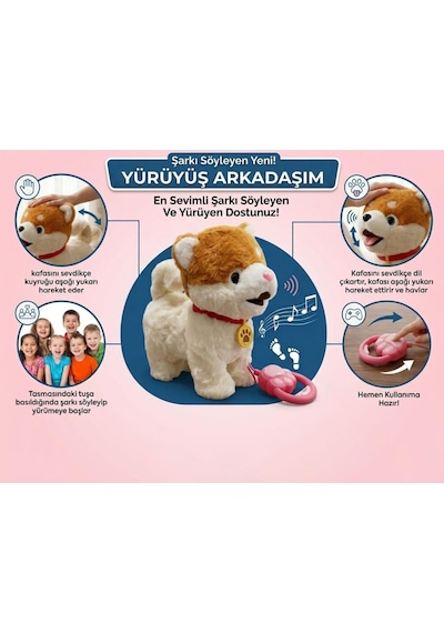 Sevimli Tasmalı Yürüyüş Arkadaşım: İnteraktif Şarkı Söyleyen Sesli Hareket Eden Oyuncak Peluş Köpek Kahverengi