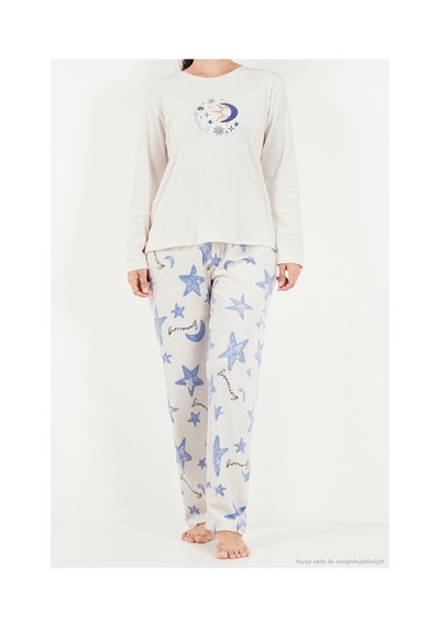 Lela Desenli Yumuşak Dokulu Uzun Kollu Pijama Takımı Kadın Pijama Takımı 65750155 Krem
