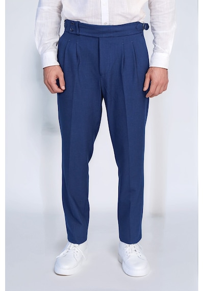Saks Mavisi Çift Pileli Tokalı Yüksek Bel Slim Fit Pantolon Wessi Koyu Mavi