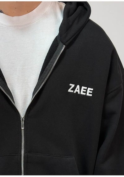 Zaee İnce Kumaş Nakışlı Oversize Premium Zip Hoodie siyah