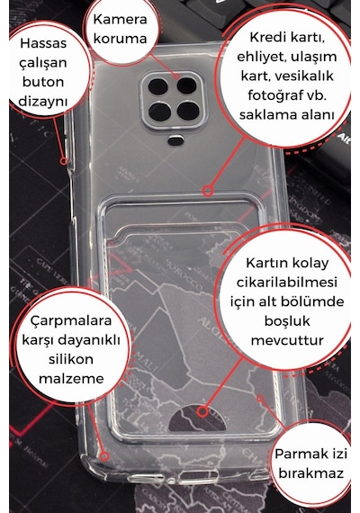 Xiaomi Redmi Note 9 Pro Uyumlu Kredi Kartlıklı Şeffaf Kılıf Kamera Korumalı