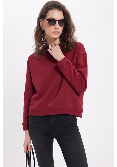 Tudors Kadın Oversize Geniş Kesim Pamuklu Bisiklet Yaka Bordo Sweatshirt-39928 Bordo