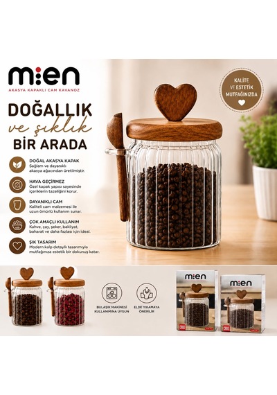 Mien 570-460 Ml İkili Akasya Kapaklı Kaşıklı Cam Kavanoz Seti Akasya Standlı Şeffat Cam - Akasya Ahşap Kapak